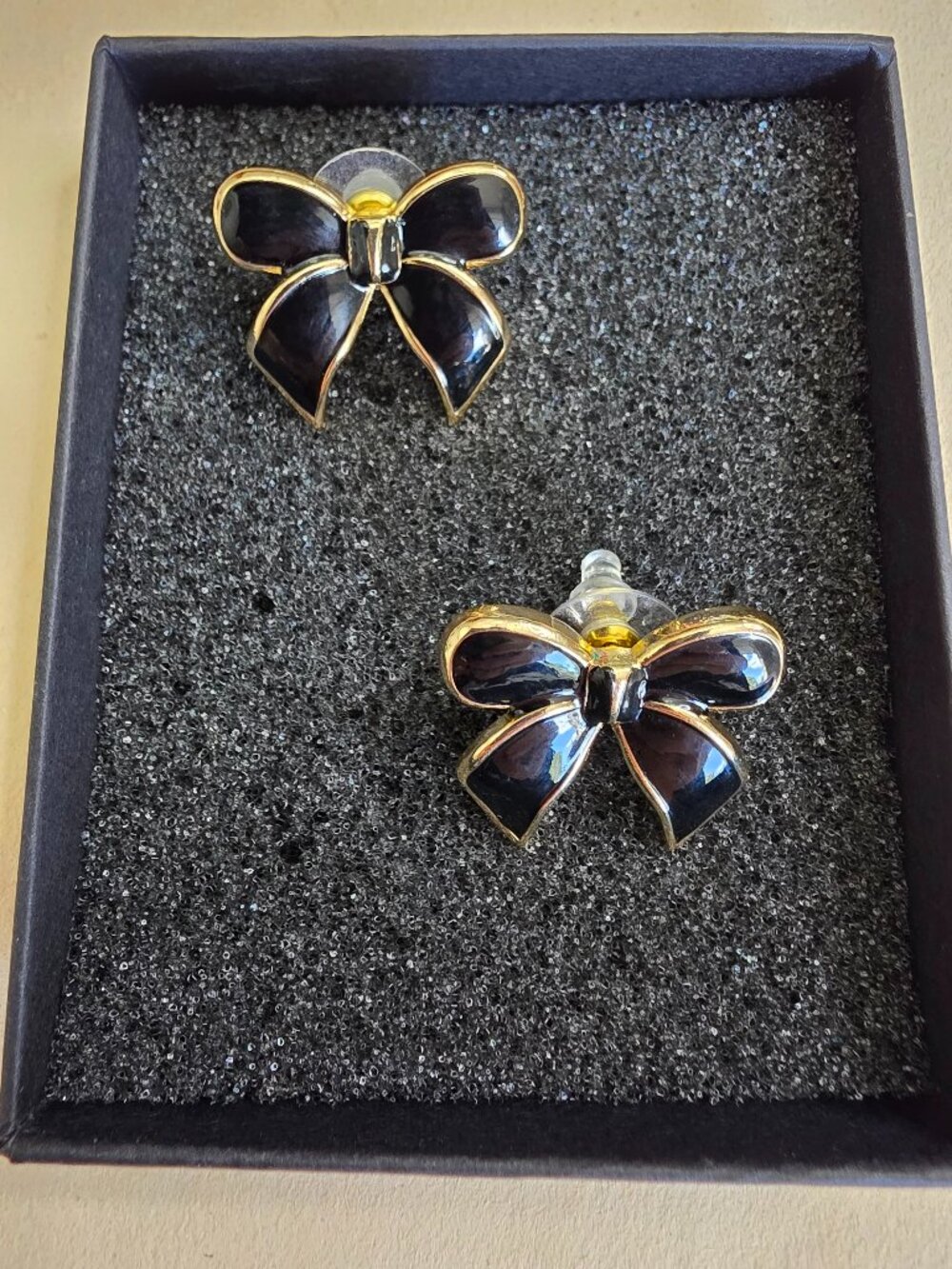 YUJIE Black Gold Bow Stud Earrings Statement Coquette